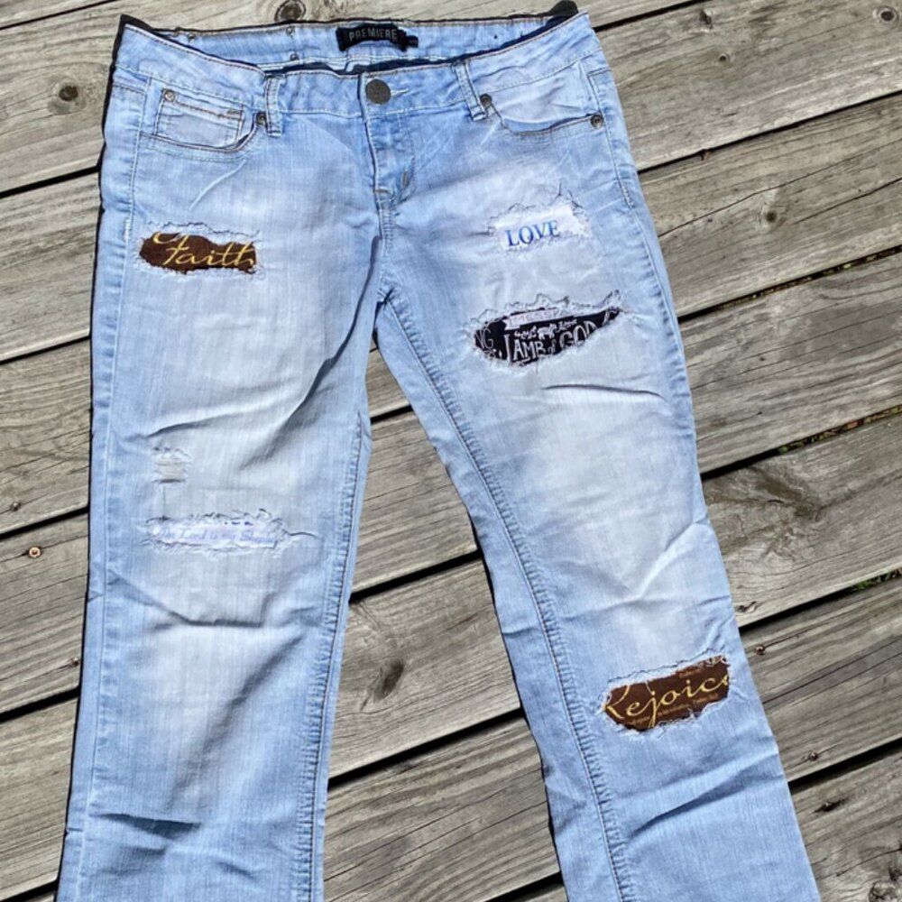 Up-cycled Blue Jeans Sz 11/12 Distressed Holes Patch Premiere Rue 21 Jesus Love
